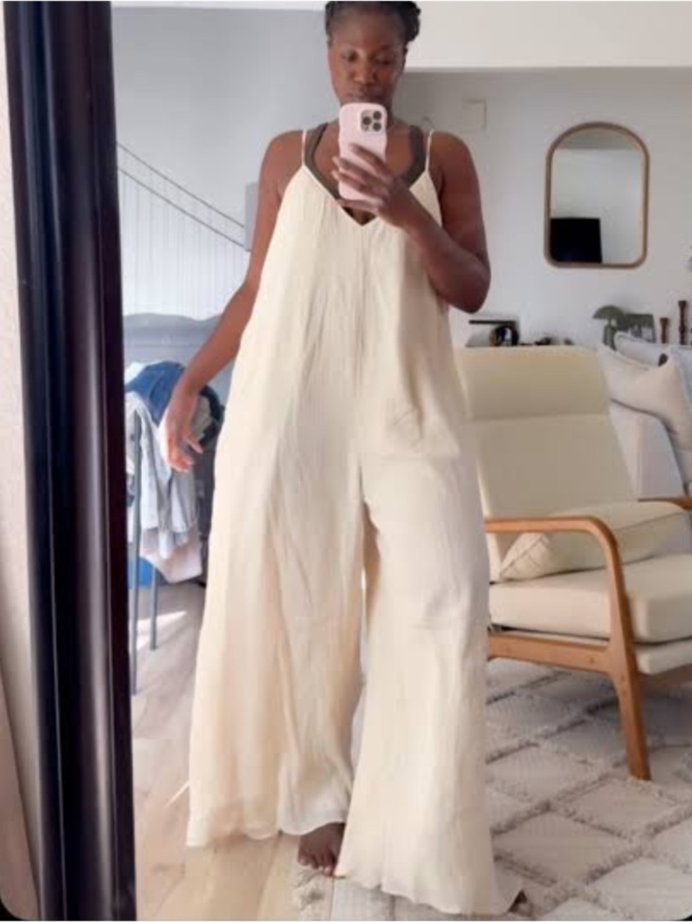 Zara Cream Flowing Wide-Leg Spaghetti Strap Jumpsuit